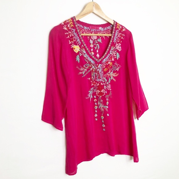 Johnny Was dragonfly fuchsia pink embroidered tunic top - Picture 9 of 11